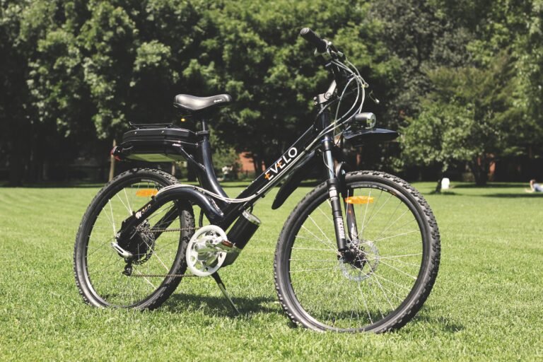 A stylish electric bike parked on lush green grass under the sunny sky.